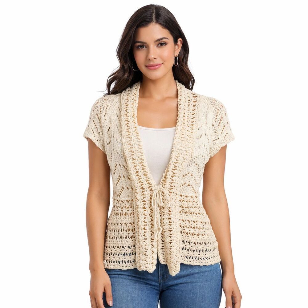Banana Republic Cardigan Sweater Womens Small White Crochet Short Sleeve Knit